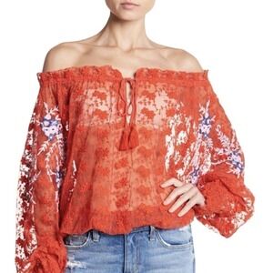 Free People Jubilee Red Embroidered Floral Mesh Oversized Top Womens Size XS